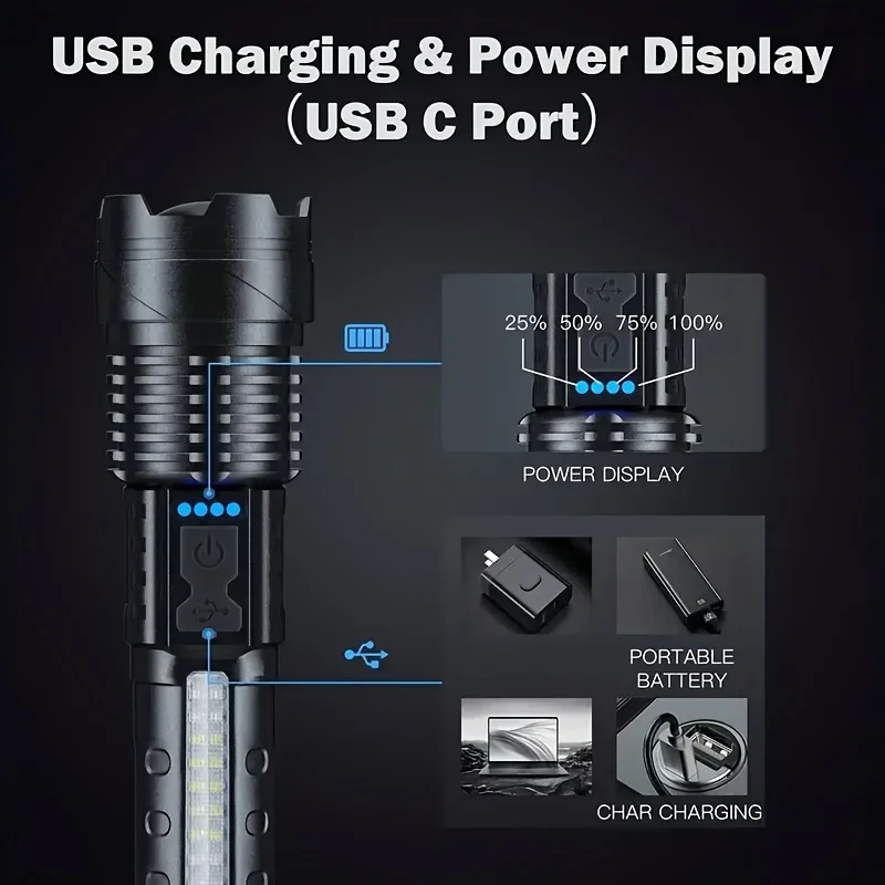 강력한 LED 손전등 배터리 표시등 USB 충전식 라이 - Battery Outdoor Camping 리뷰 및 가격
